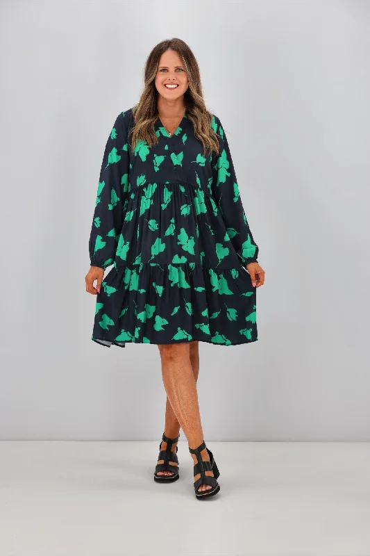 Shine On Label Sandra V Neck Baby Doll Dress Navy Green Abstract FloralPrint