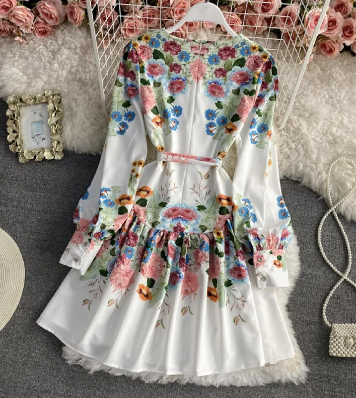 Stylish A line floral dress long sleeve dress  803