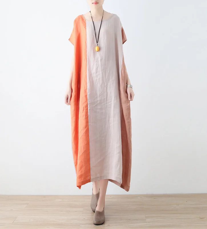 Women Loose Fitting Linen Dresses Khaki And Orange Summer Casual Irregular Women Dresses  AMT96215