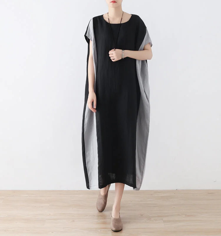 Women Loose Fitting Linen Cotton Dresses Black And Gray Summer Casual Irregular Women Dresses AMT96217