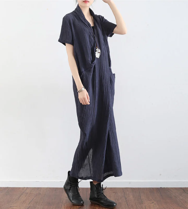 Navy Blue Vintage Style Women Loose Fitting Pleated Linen V Neck Dresses Summer Casual Knot Women Dresses AMT96218