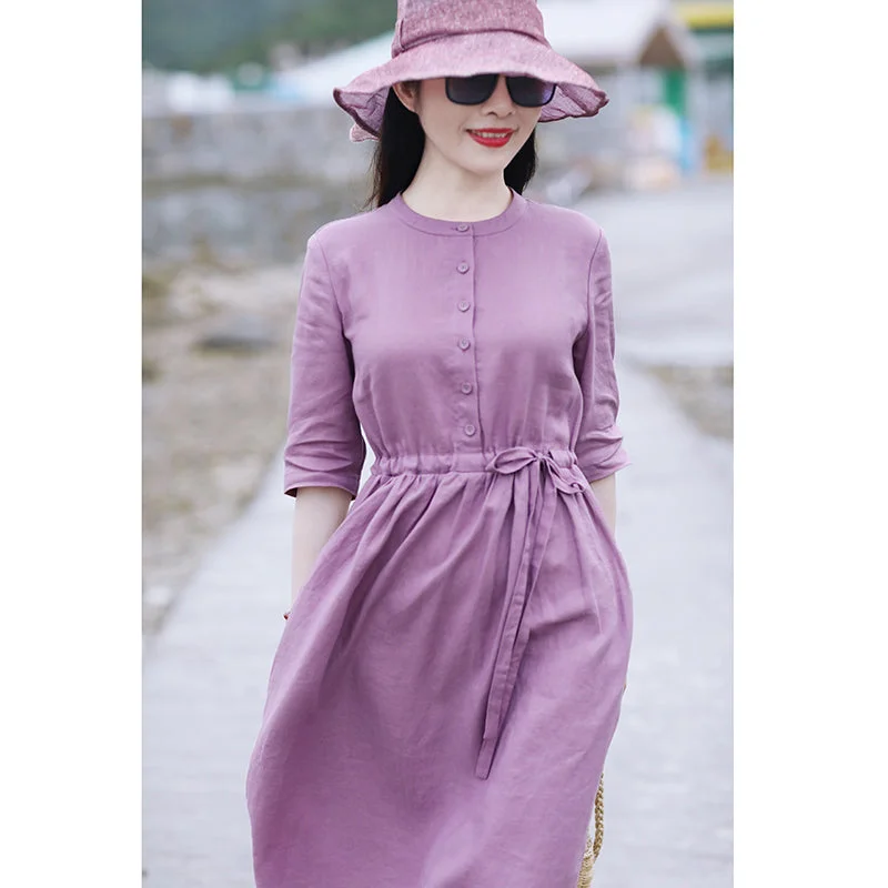 Purple Women Dresses Linen Spring Summer Women Dresses With Waist Belt SMM96205