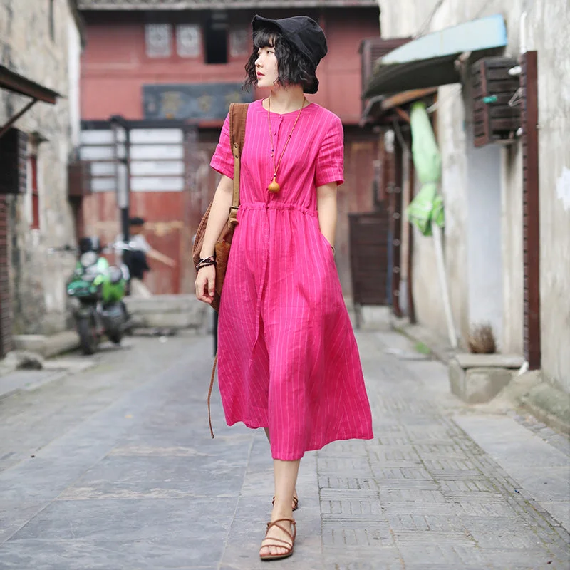 Red Stripe Linen Women Dresses Spring Summer Women Dresses WC961802