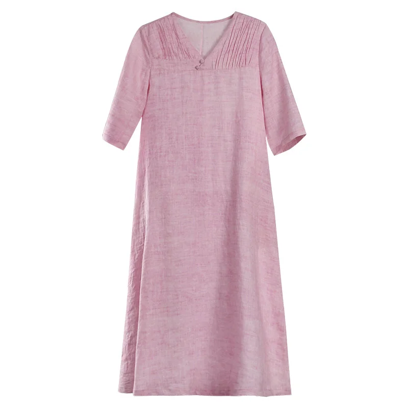 Pink Linen Women Dresses Spring Summer Women Dresses With V Neck WC961807