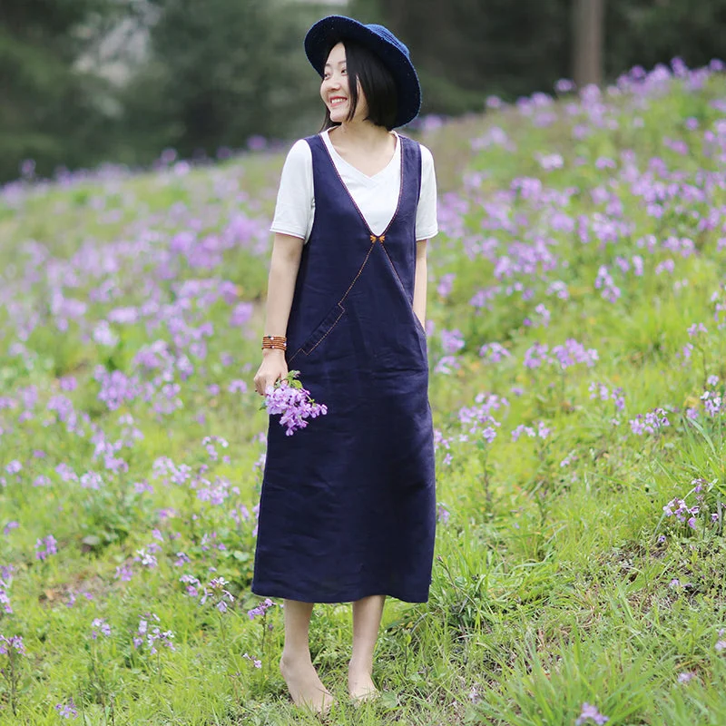 Navy Blue Linen Strap Dresses Spring Summer Women Dresses SleevesLess Design WC961808