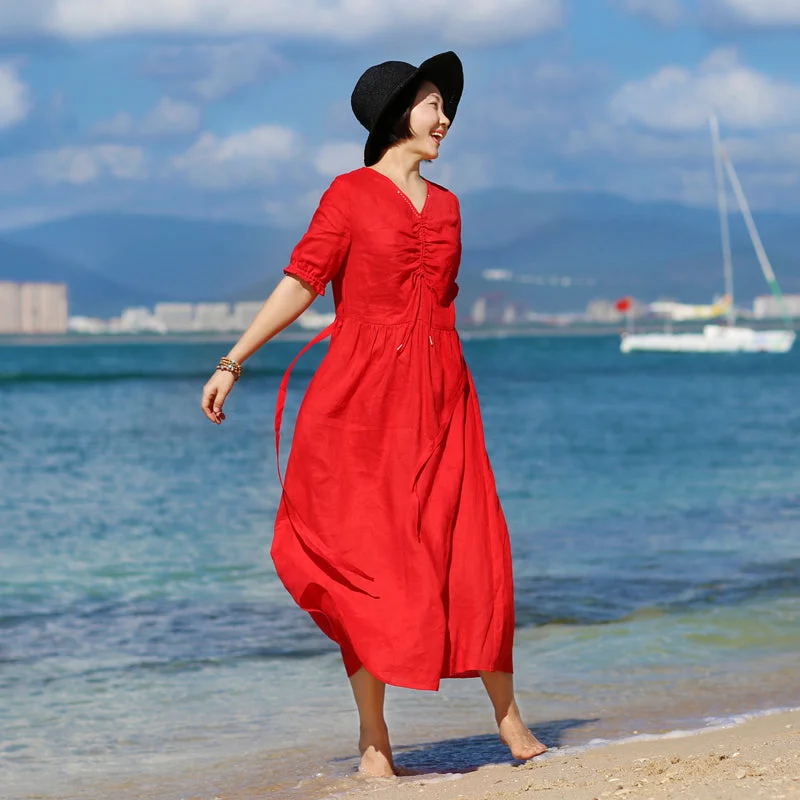 Red Women  Linen Dresses Spring Summer Women Dresses Pleated Waistline/2817