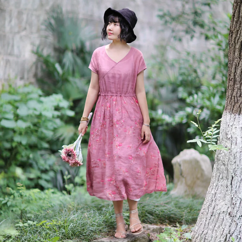 Pink Linen Women Dresses Summer Women Dresses /1818