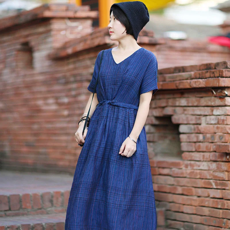 Navy Blue Women Linen  Dresses Summer Women Dresses 1819