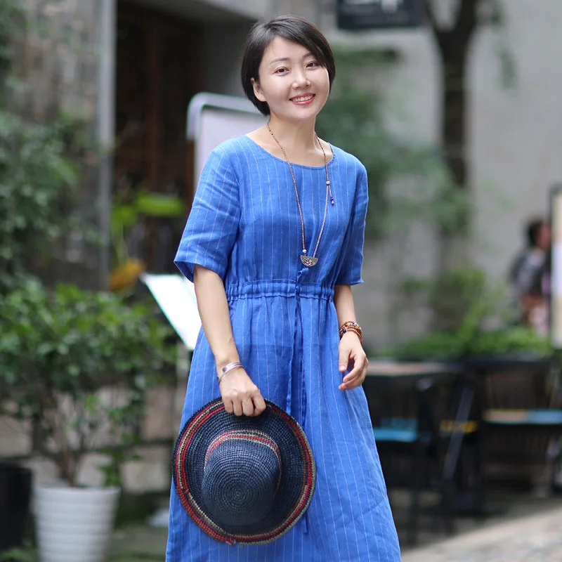 Stripe Blue Linen Women Dresses Spring Summer Women Dresses With Waist Belt WC961838