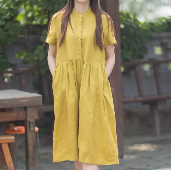 Yellow 100% Linen Women Dresses Spring Summer Women Dresses XH9527