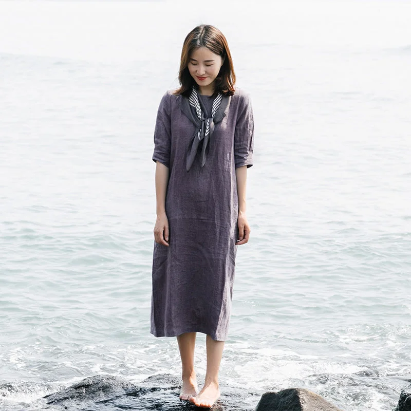 Solid Linen Women Dresses  Sleeves O Neck Spring Summer Shift Dresses XH9615