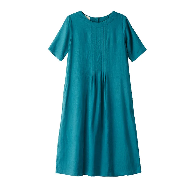 Pleated 100% Linen Women Dresses 3/4 Sleeves V Neck Spring Summer Women Dresses XH9616