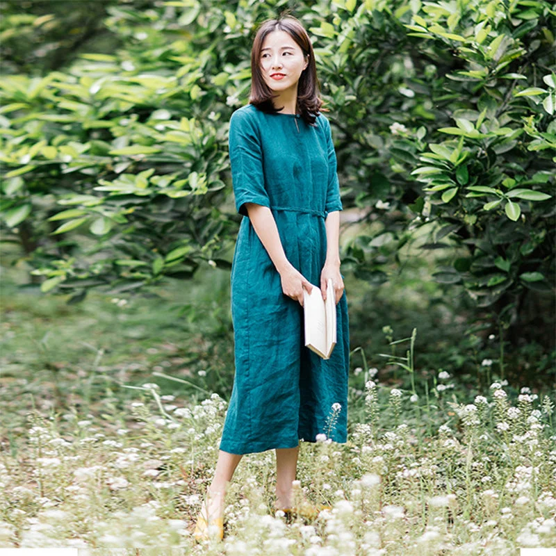 Green Linen Women Dresses Half Sleeves O Neck Spring Summer Women Dresses XH9619