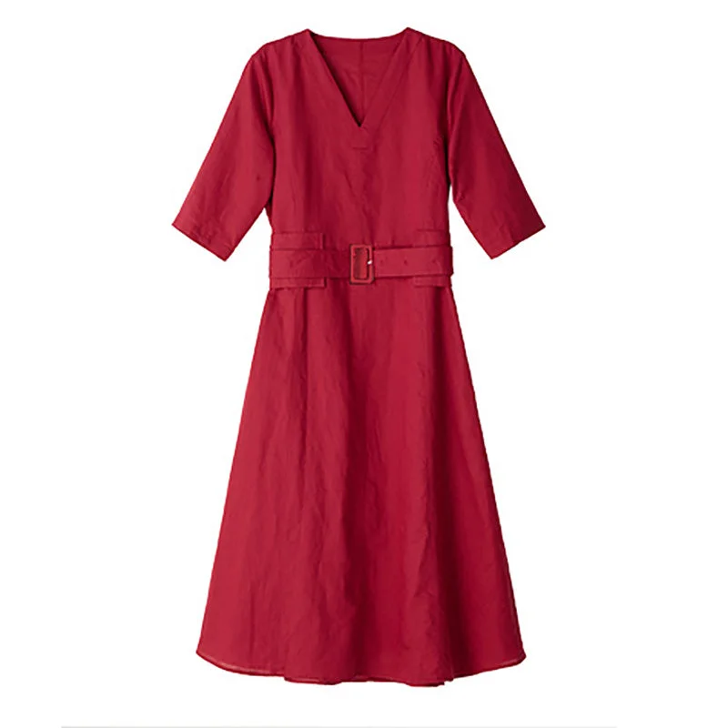 Red 100% Linen Women Dresses 3/4 Sleeves V Neck Spring Summer Women Dresses XH9620