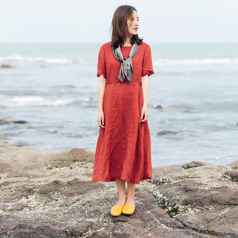 Red 100% Linen Women Dresses 3/4 Sleeves O Neck Spring Summer Women Dresses XH9631