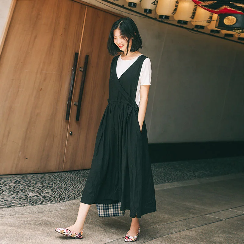 Black 100% Linen Women Strap Dresses Sleeveless Summer Women Dresses XH9638