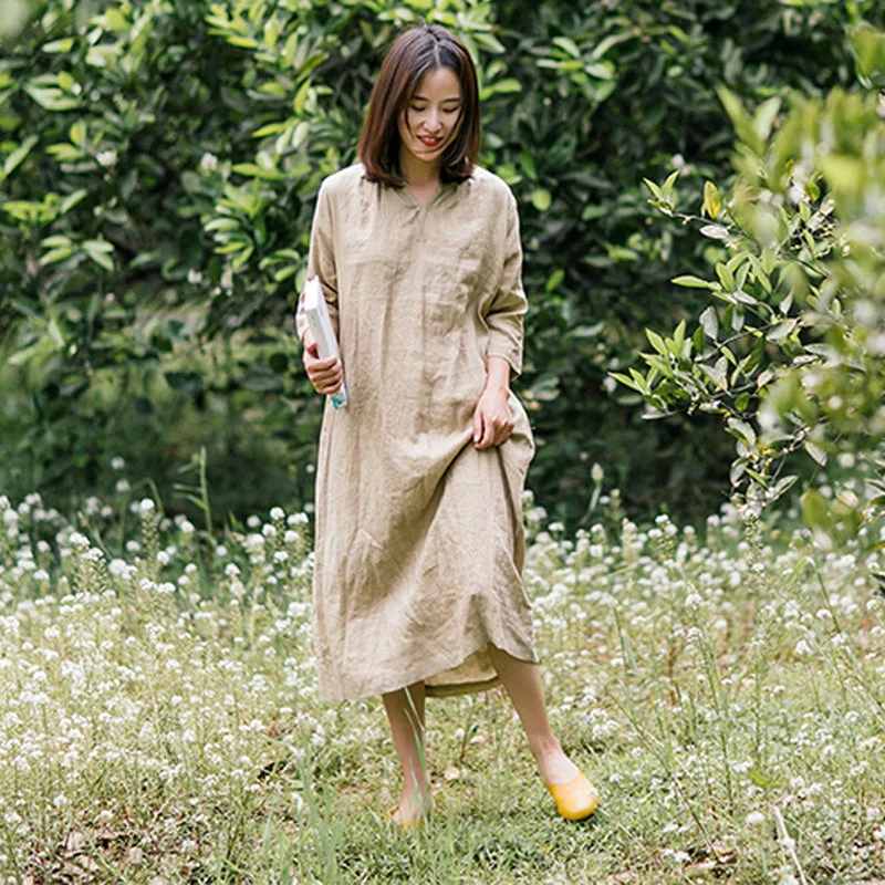 Summer 100% Linen Women Dresses 3/4 Sleeves V Neck Spring Women Dresses XH9653