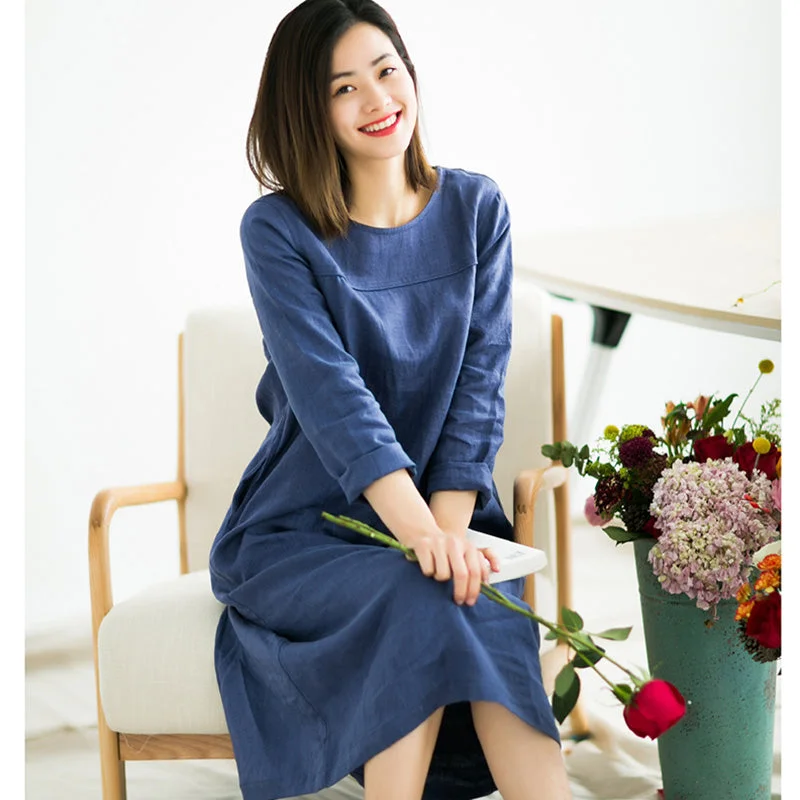 Navy Blue 100% Linen Women Dresses 3/4 Sleeves O Neck Spring Summer Women Dresses XH9655