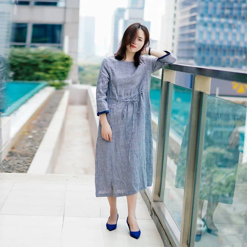 Plaid 100% Linen Women Dresses 3/4 Sleeves O Neck Spring Summer Women Dresses XH9658