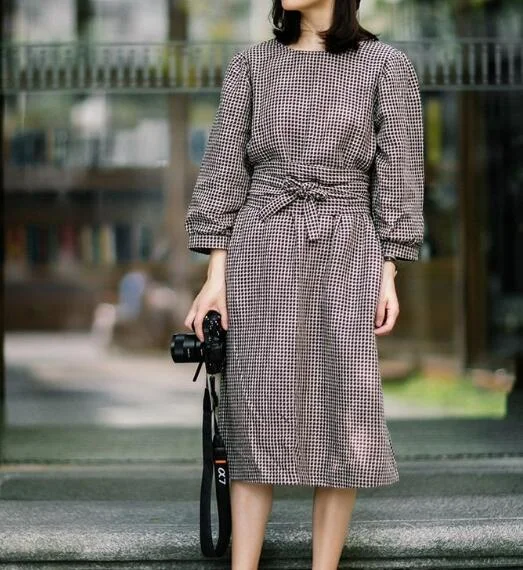 Plaid Linen Women Dresses 3/4 Sleeves O Neck Dresses Spring Summer Women Dresses XH9659