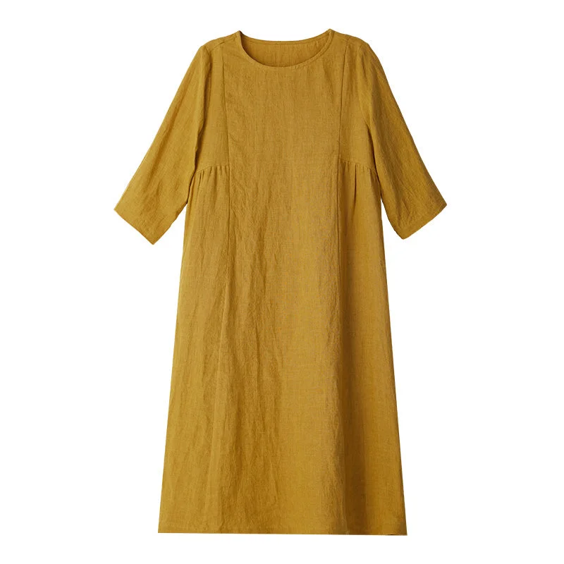 Yellow Linen Women Dresses 3/4 Sleeves O Neck Spring Summer Women Dresses XH9661