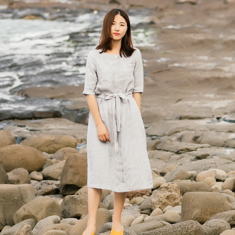 Grey Linen Women Dresses  3/4 Sleeves V Neck Spring Summer Women Dresses XH9662