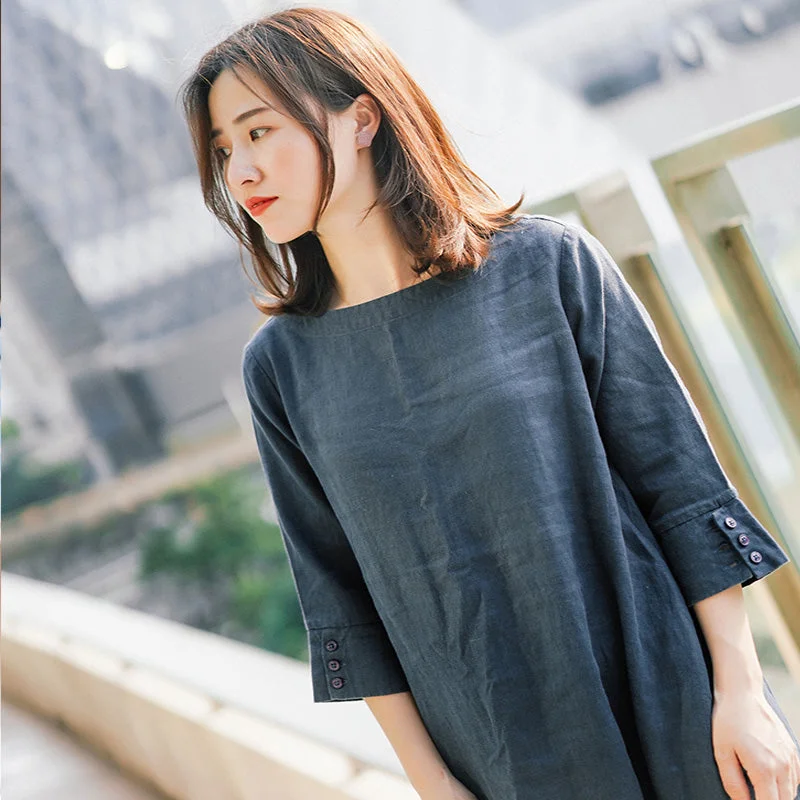 Navy Blue 100% Linen Women Dresses 3/4 Sleeves O  Neck Spring Summer Women Dresses XH9667