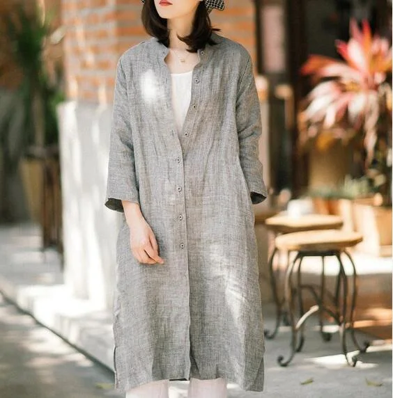 Grey Linen Women Dresses 3/4 Sleeves Spring Summer Women Dresses XH9675