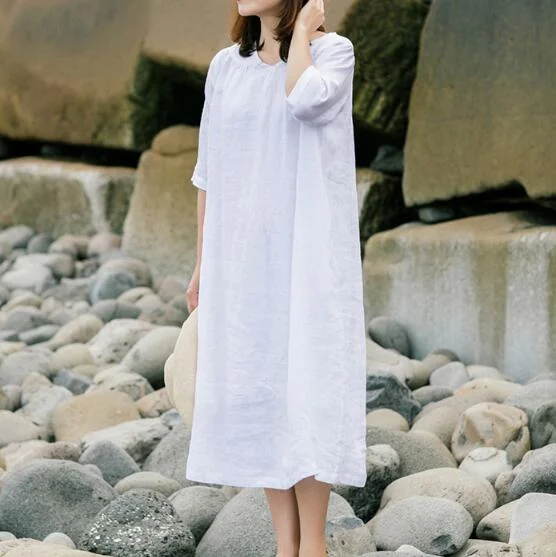 White 100% Linen Women Dresses Half Sleeves Summer Women Dresses XH9527