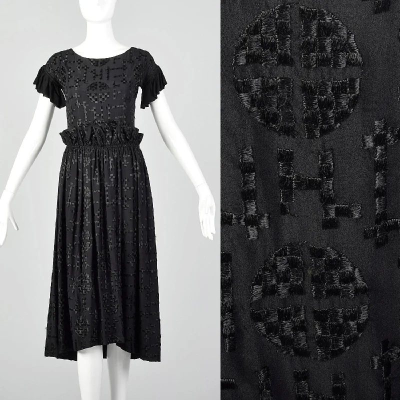 1930s Black Embroidered Deco Dress