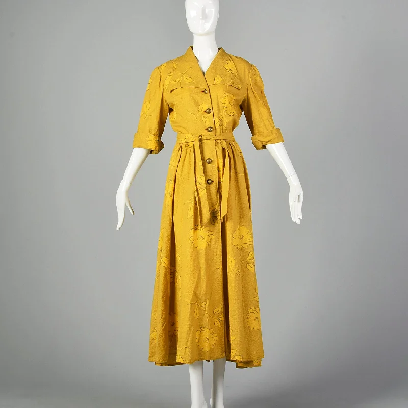 1950s Large Yellow Seersucker Day Dress