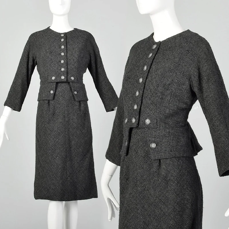 1960s James Galanos Two Piece Dress Set in Gray Wool Tweed