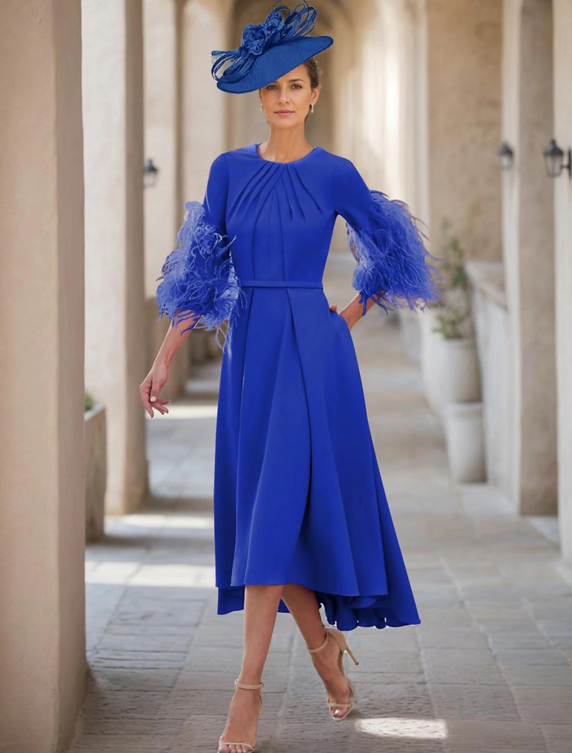 A-Line  Elegant Jewel Neck Asymmetrical Stretch Fabric Half Sleeve with Mother of the Bride Dress