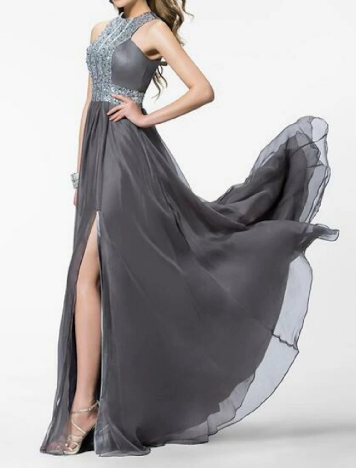 A-Line Empire Prom Formal Evening Dress Jewel Neck Sleeveless Sweep / Brush Train Chiffon with Crystals Split Front