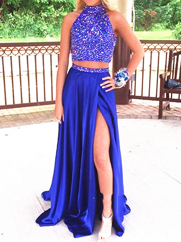 A Line High Neck 2 Pieces Blue Prom Dresses, 2 Pieces Blue Formal Dresses