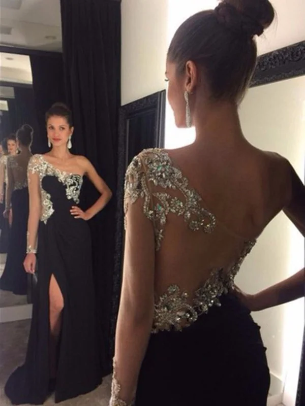 A Line One Shoulder Black Backless Prom Dress, Black Backless Formal Dress