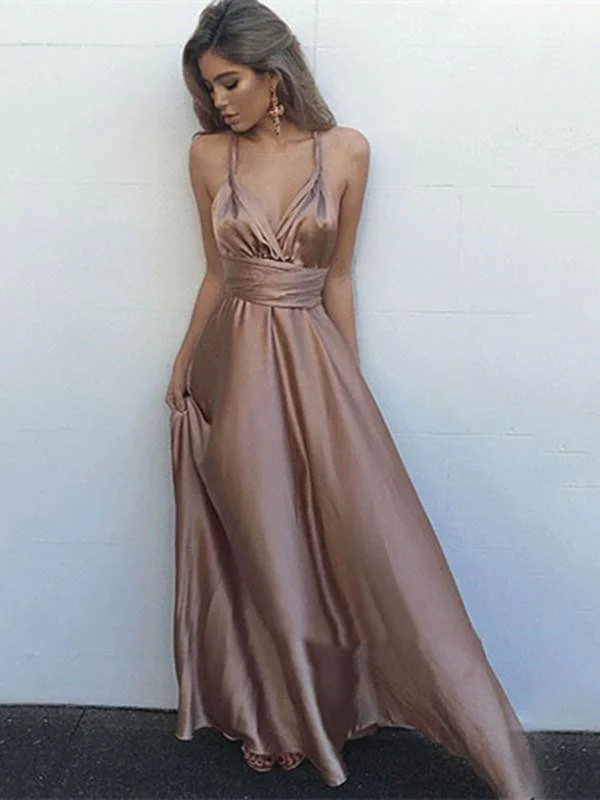 A Line Open Back Floor Length Prom Dresses, Backless Formal Dresses, Graduation Dresses