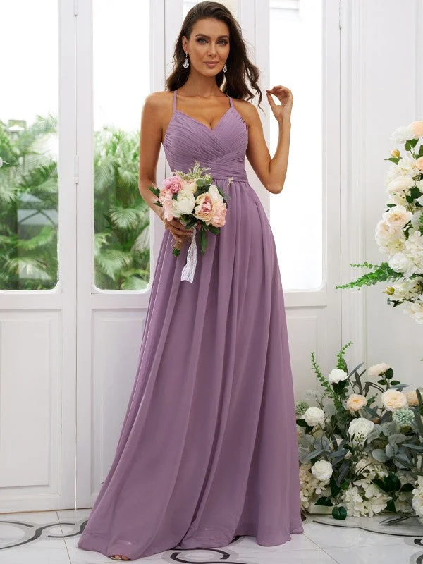 A-Line/Princess Chiffon Ruched V-neck Sleeveless Floor-Length Bridesmaid Dresses