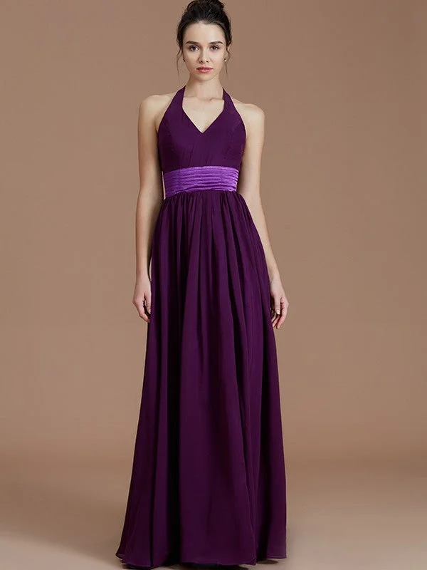 A-Line/Princess Halter Sleeveless Sash/Ribbon/Belt Floor-Length Chiffon Bridesmaid Dresses