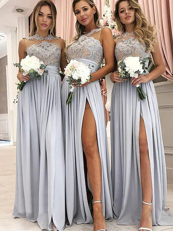 A-Line/Princess Silk like Satin Ruched Scoop Sleeveless Floor-Length Bridesmaid Dresses