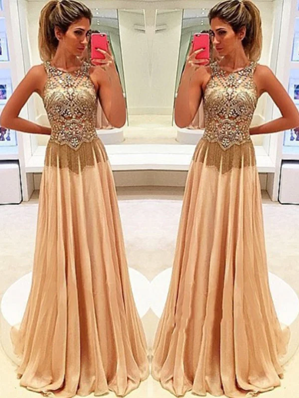 A Line Round Neck Sleeveless Beading Prom Dress with Sweep Train, Sweep Train Beaded Formal Dress