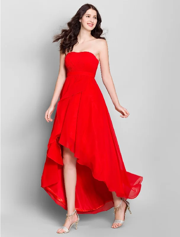 A-Line Strapless Asymmetrical Chiffon Bridesmaid Dress with Side Draping