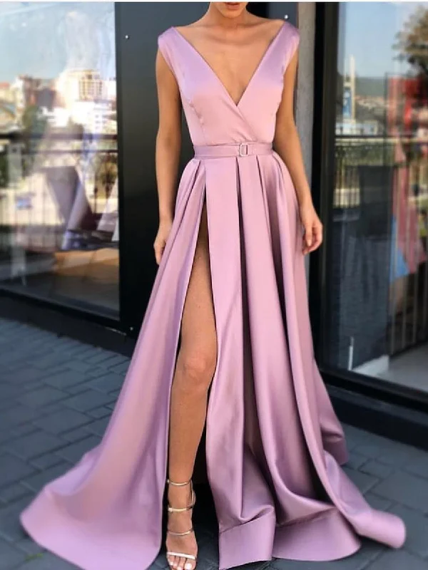 A Line V Neck Satin High Slit Prom Dresses with Belt, V Neck Formal Dresses, Graduation Dresses, Evening Dresses