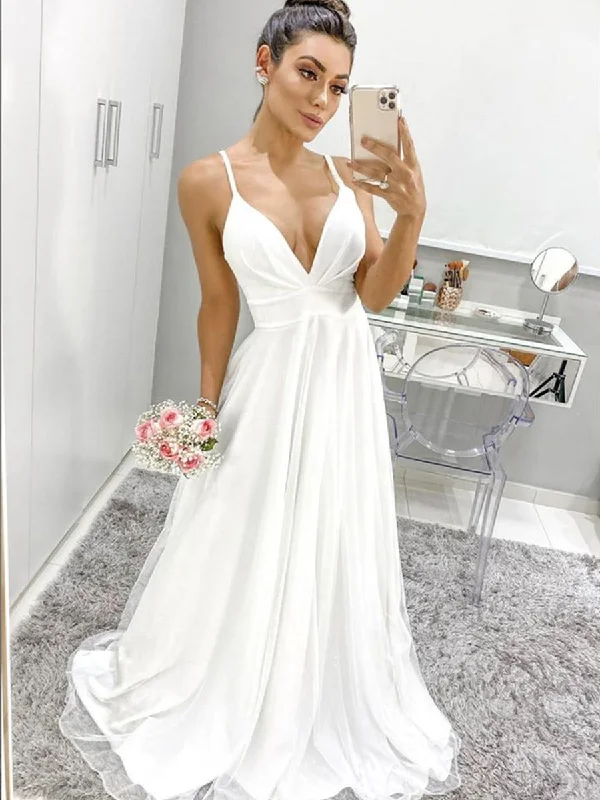 A Line V Neck Spaghetti Straps Backless White Prom Dresses, Backless White Formal Graduation Evening Dresses