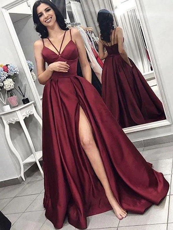 A Line V Neck Spaghetti Straps Satin Burgundy Prom Dresses with Pockets, Burgundy Formal Dresses with Slit, Evening Dresses