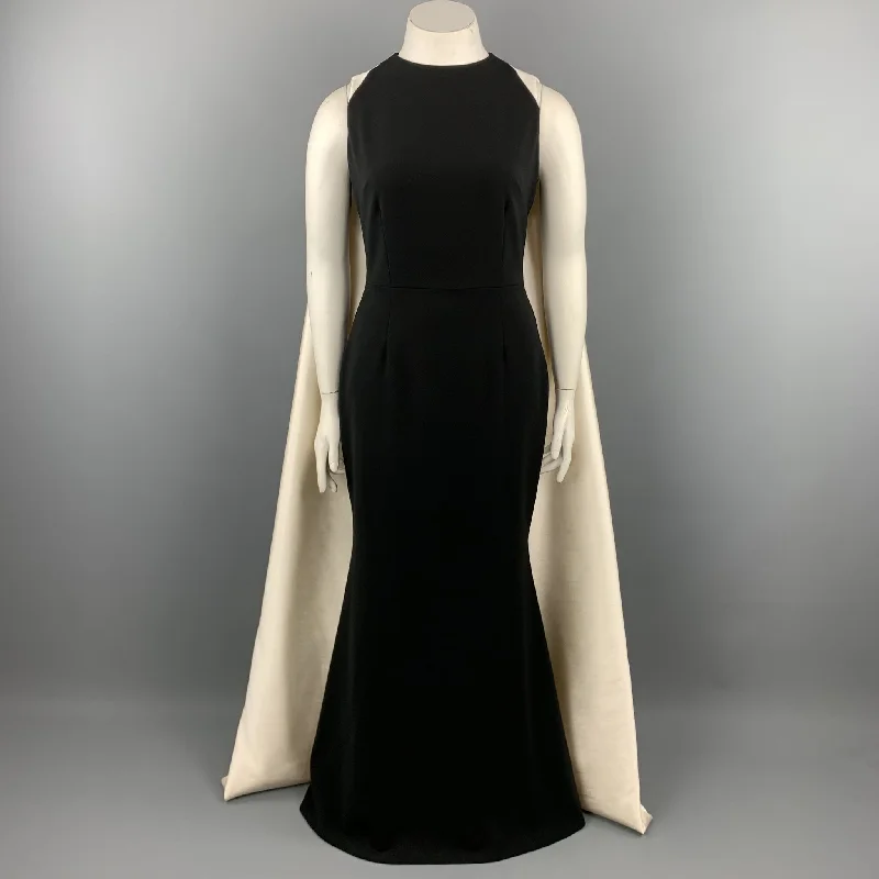 BIBHU MOHAPATRA Size 10 Black & White Silk Cape Train Back Sheath Gown