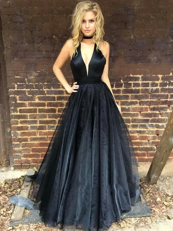 Black A Line Deep V Neck Prom Dress with Train, Black V Neck Graduation Dress, Formal Dress