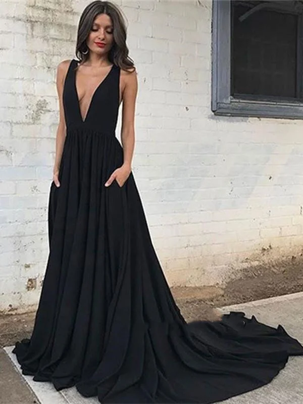 Black V Neck Backless Prom Dress with Train, Black Backless Formal Dress, Graduation Dresses