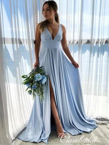 Blue V-neck Jersey Side Slit A-line Bridesmaid Dresses