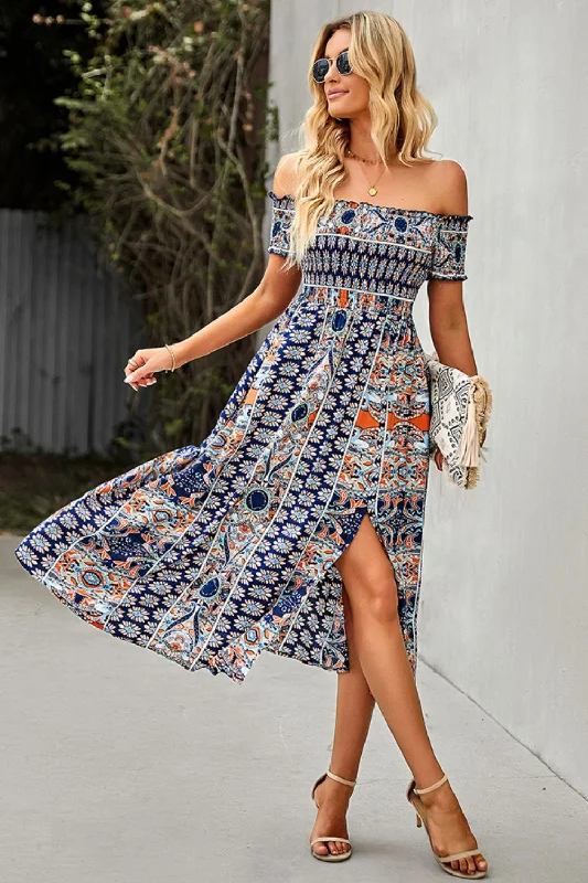 Bohemian Off-Shoulder Frill Trim Split Dress